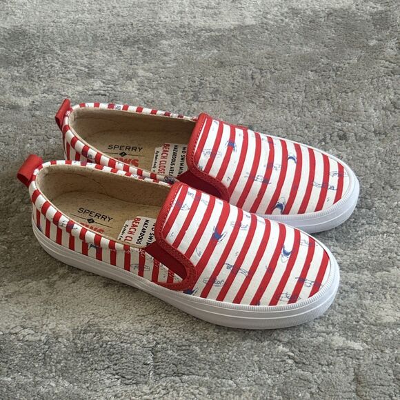 Sperry x Jaws Shoes Womens 6 Crest Vibe Red White Striped Slip On Sneakers - Picture 3 of 10